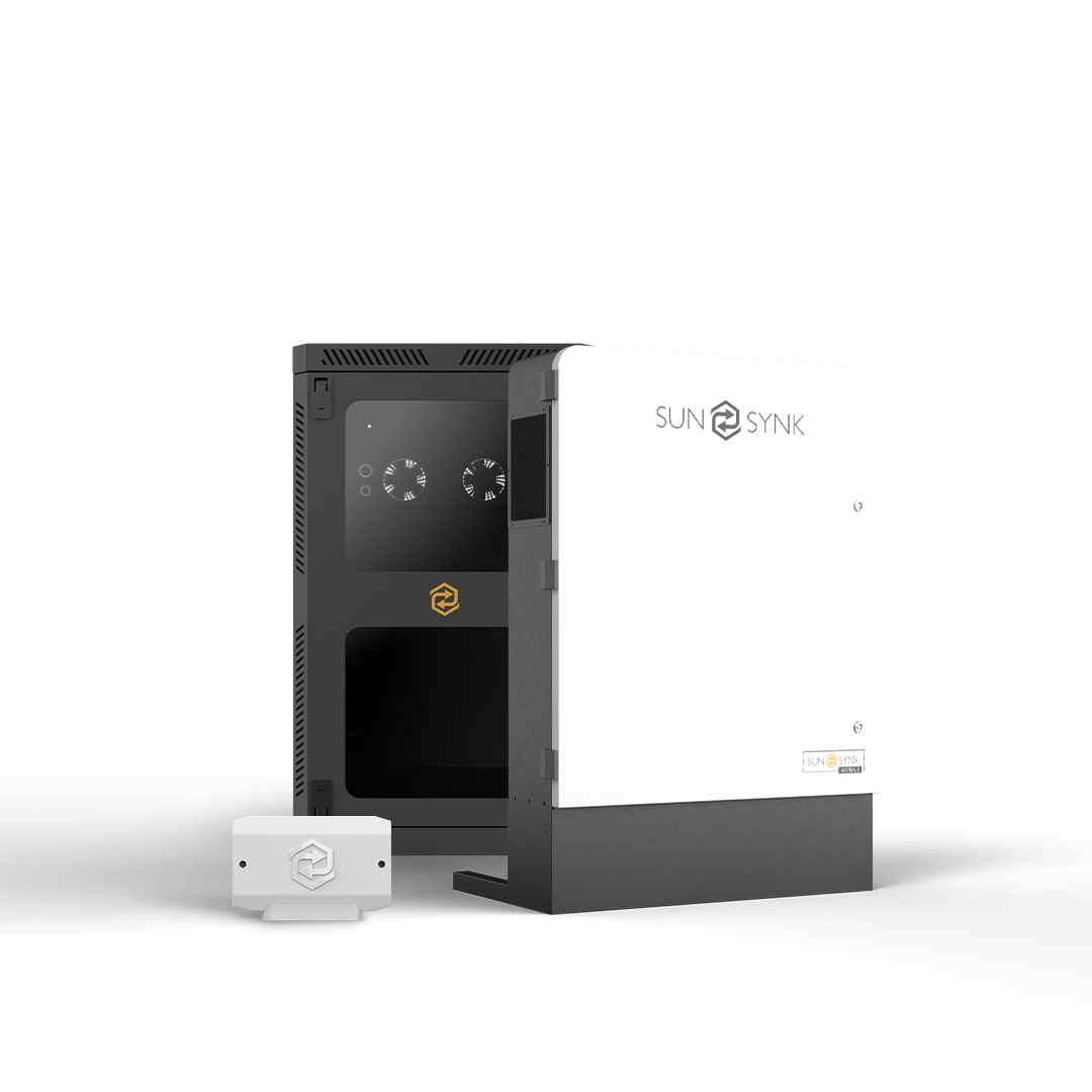 Black and white energy storage unit with an open door, featuring digital gauges and a small external device